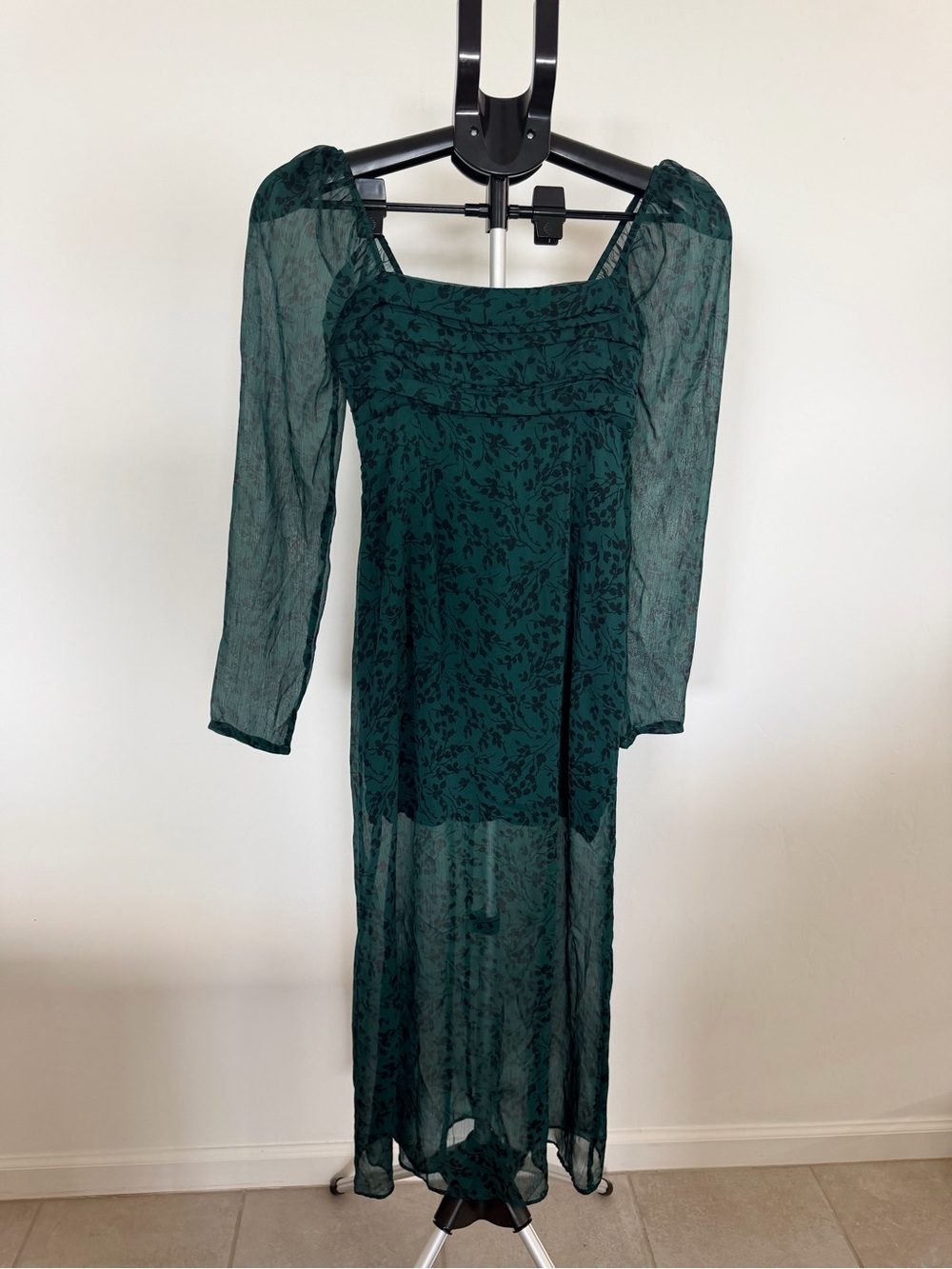 Abercrombie & Fitch Dark Green Sheer Floral Midi Dress